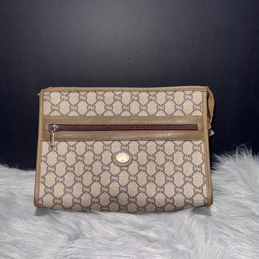 Gucci Plus Vintage Beige and Brown Monogram Pouch